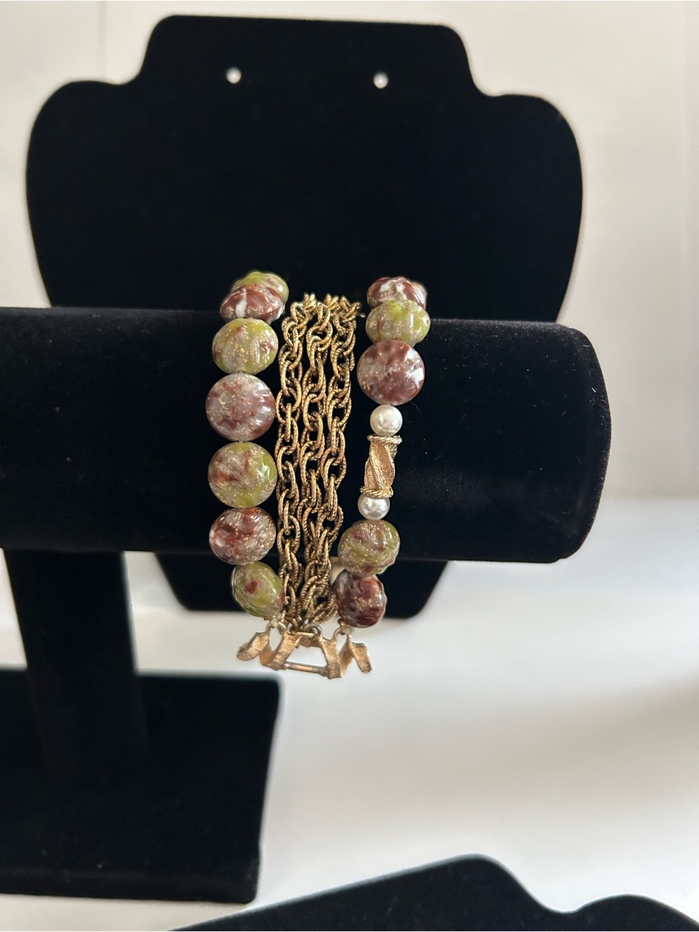 Kramer Elegant Gold and Brown Lucite Faux Pearl Multi Strand Bracelet 7.5 inche